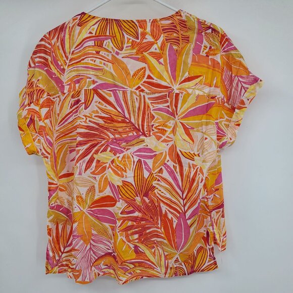 C&C California Pink and Orange Floral Print Beachy Boho Summer Vacation Shirt M - Picture 2 of 6
